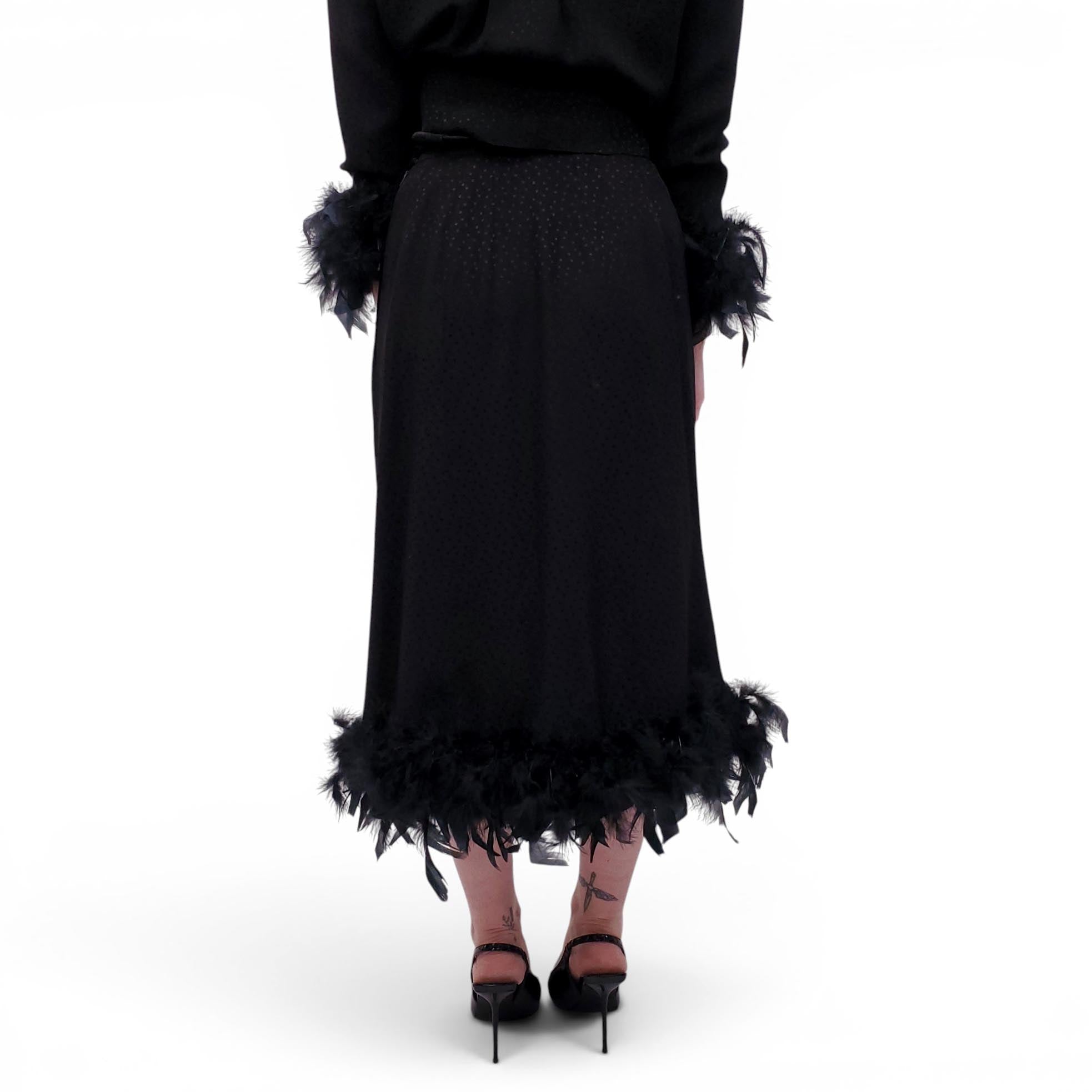 VINTAGE BLACK POLKA DOT FEATHER JACKET AND SKIRT SUIT
