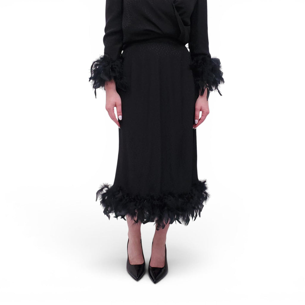 VINTAGE BLACK POLKA DOT FEATHER JACKET AND SKIRT SUIT