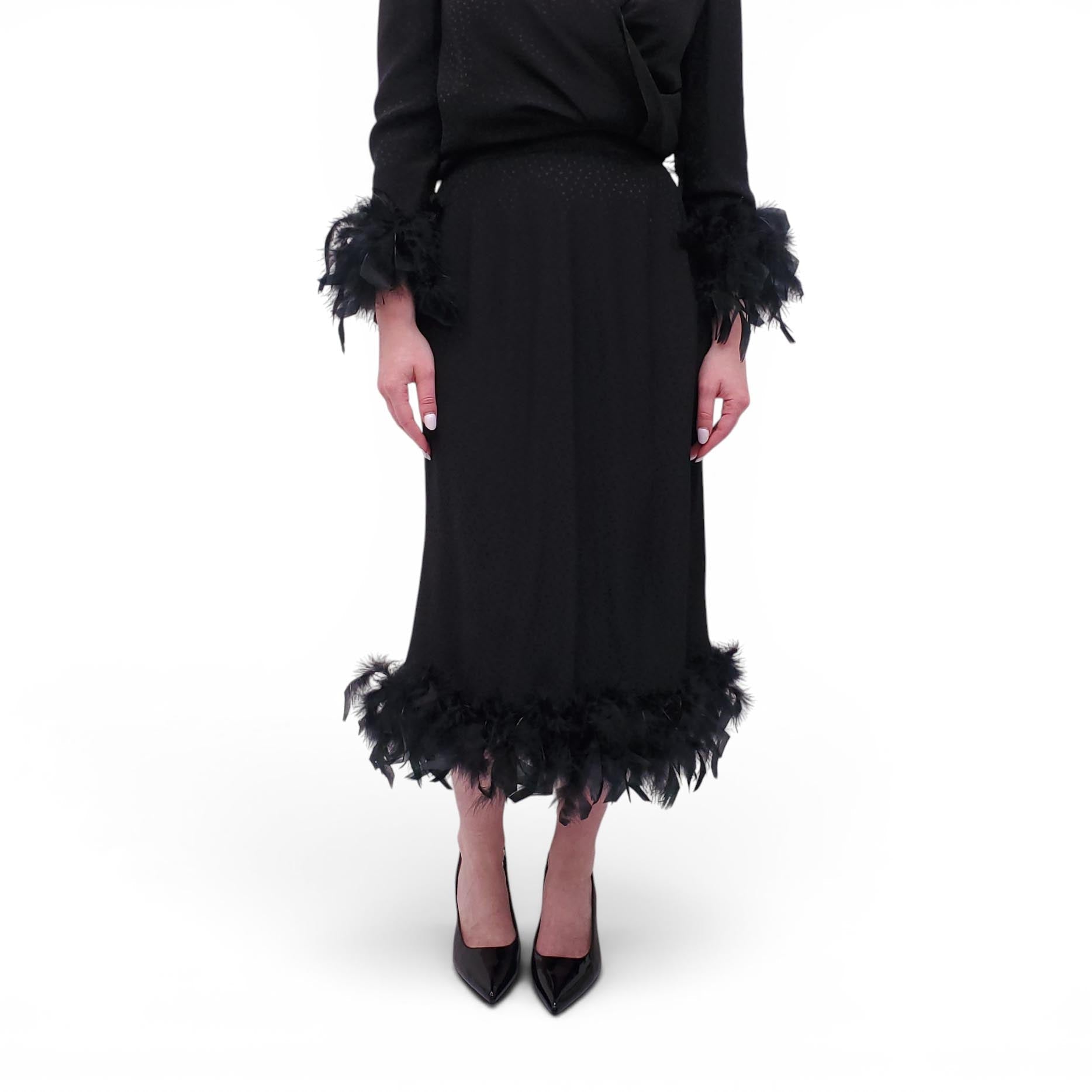 VINTAGE BLACK POLKA DOT FEATHER JACKET AND SKIRT SUIT