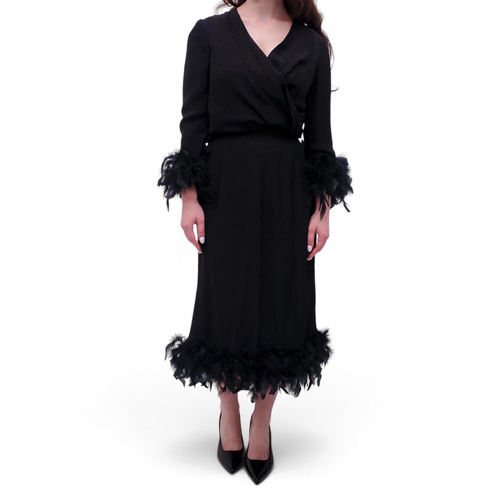 VINTAGE BLACK POLKA DOT FEATHER JACKET AND SKIRT SUIT