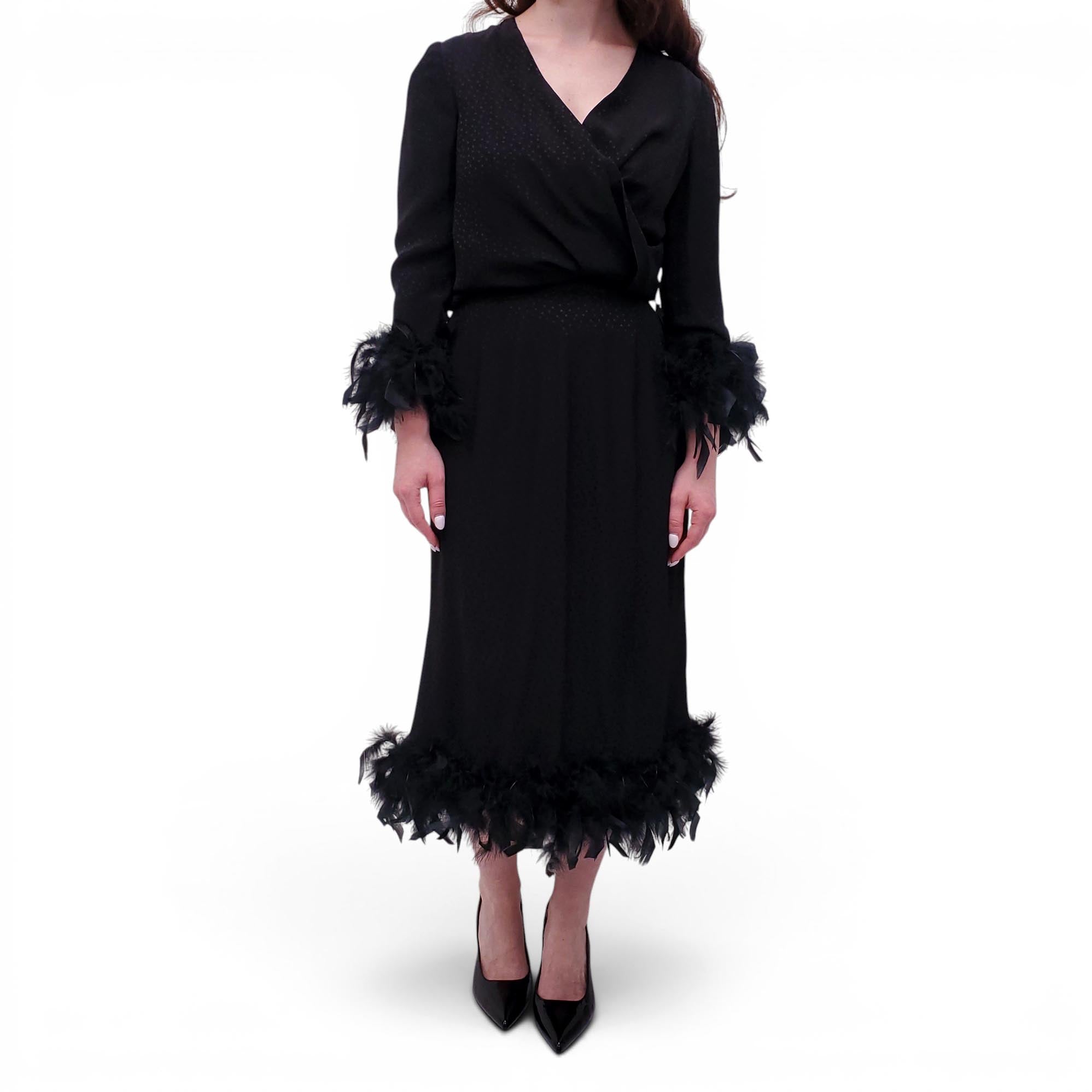 VINTAGE BLACK POLKA DOT FEATHER JACKET AND SKIRT SUIT