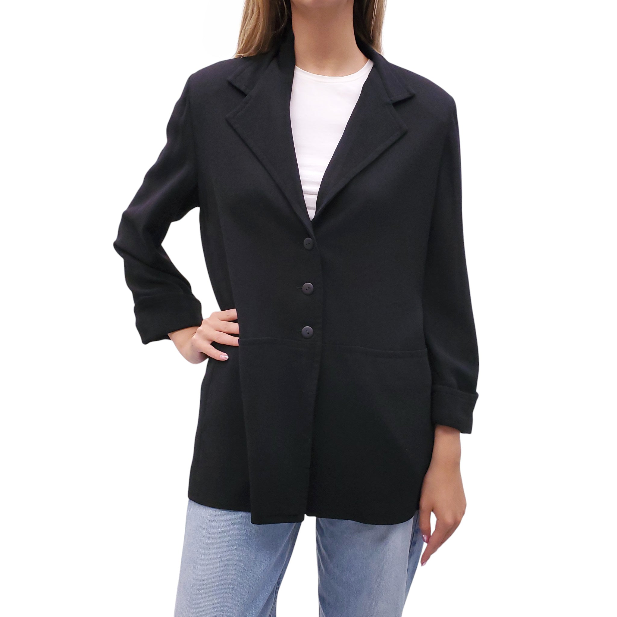 JEAN MUIR BLACK 3/4-SLEEVE BLAZER JACKET - SIZE L