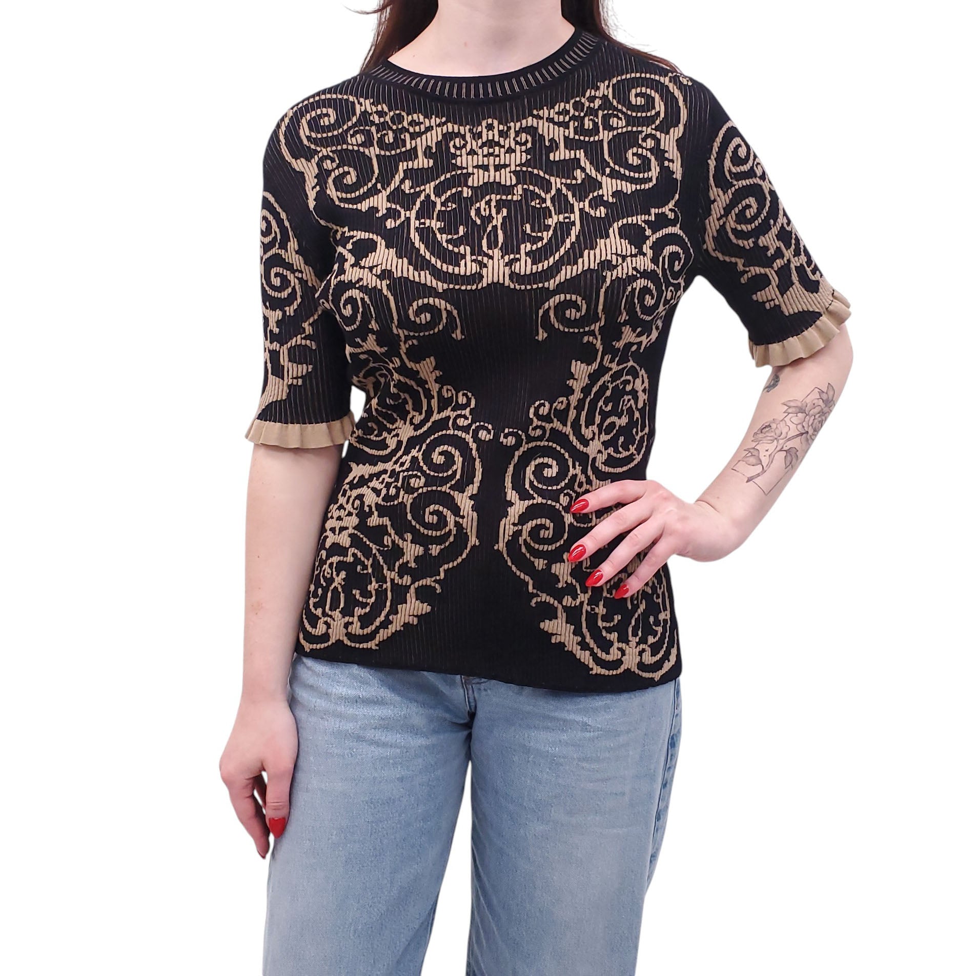 FENDI BLACK PATTERNED RIBBED SHORT-SLEEVE SWEATER - SIZE 42