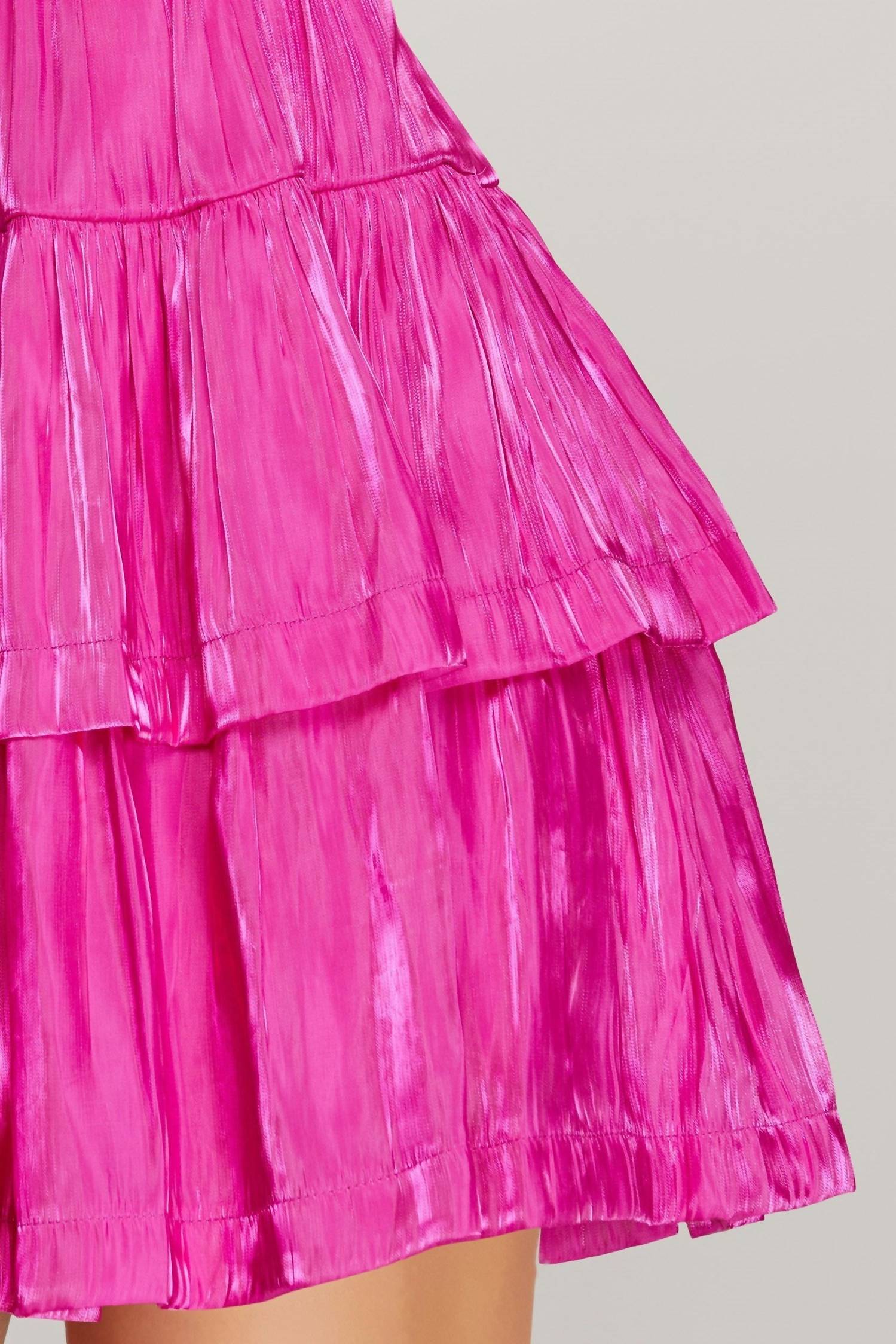 Long Sleeve Silky Woven Surplice Tiered Dress In Fuchsia