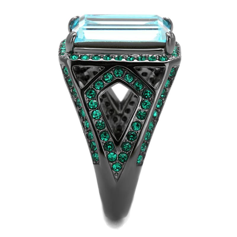 IP Light Black Stainless Steel Ring with Top Grade Crystal in Sea Blue