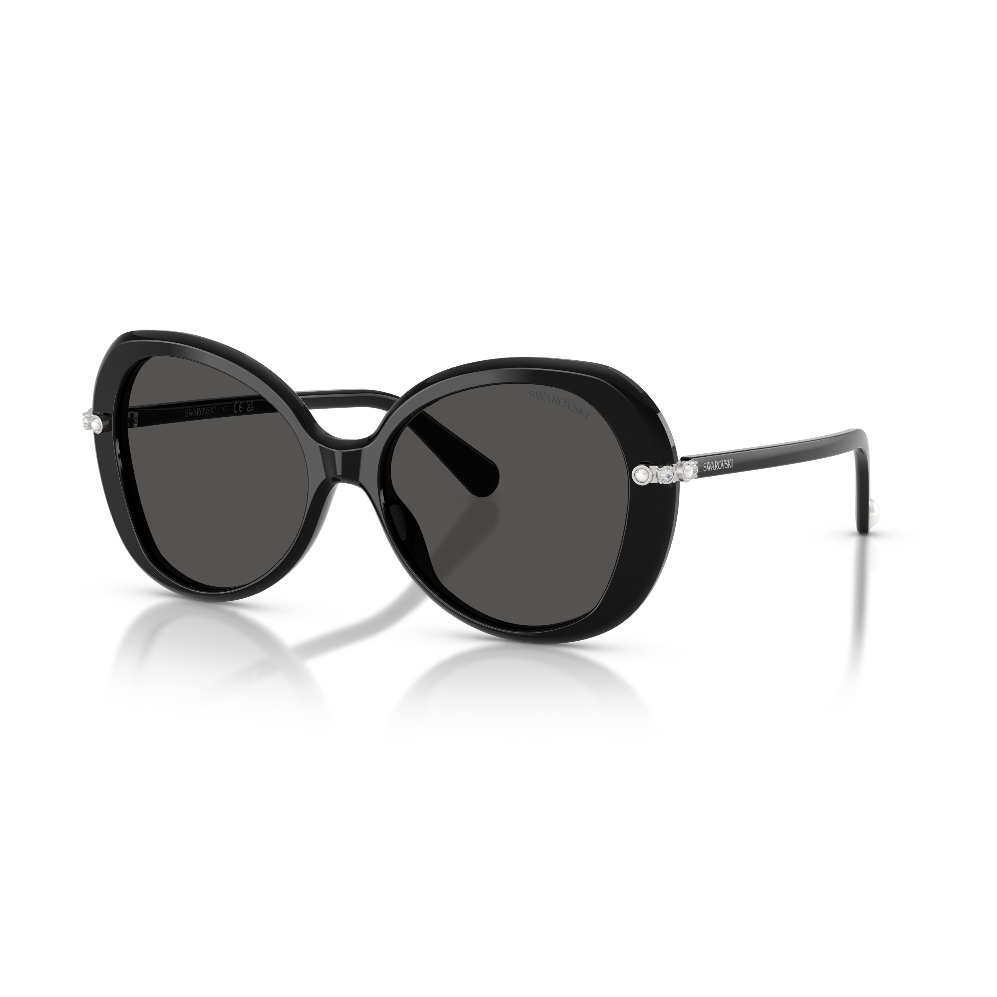 0Sk6059 Rounded Black Acetate Sunglasses with Crystal Embellishments