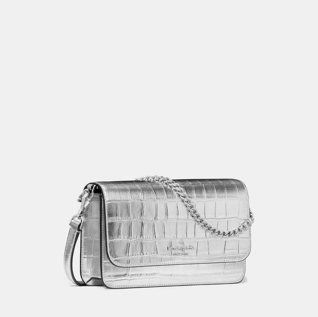 NWT Kate Spade Madison Croc Embossed Leather Willow Mini Flap Crossbody In Metallic Silver