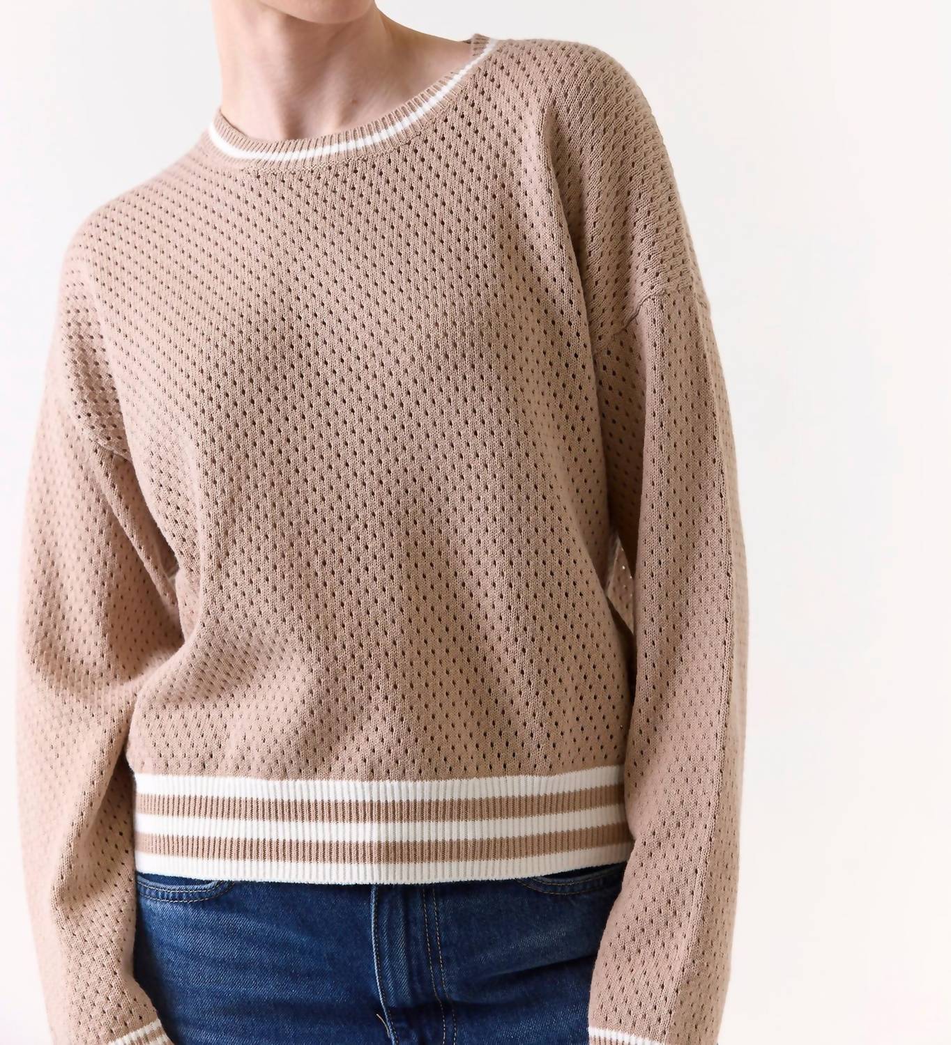 Vanessa Stripe Detail Crew Sweater In Light Brown/ivory