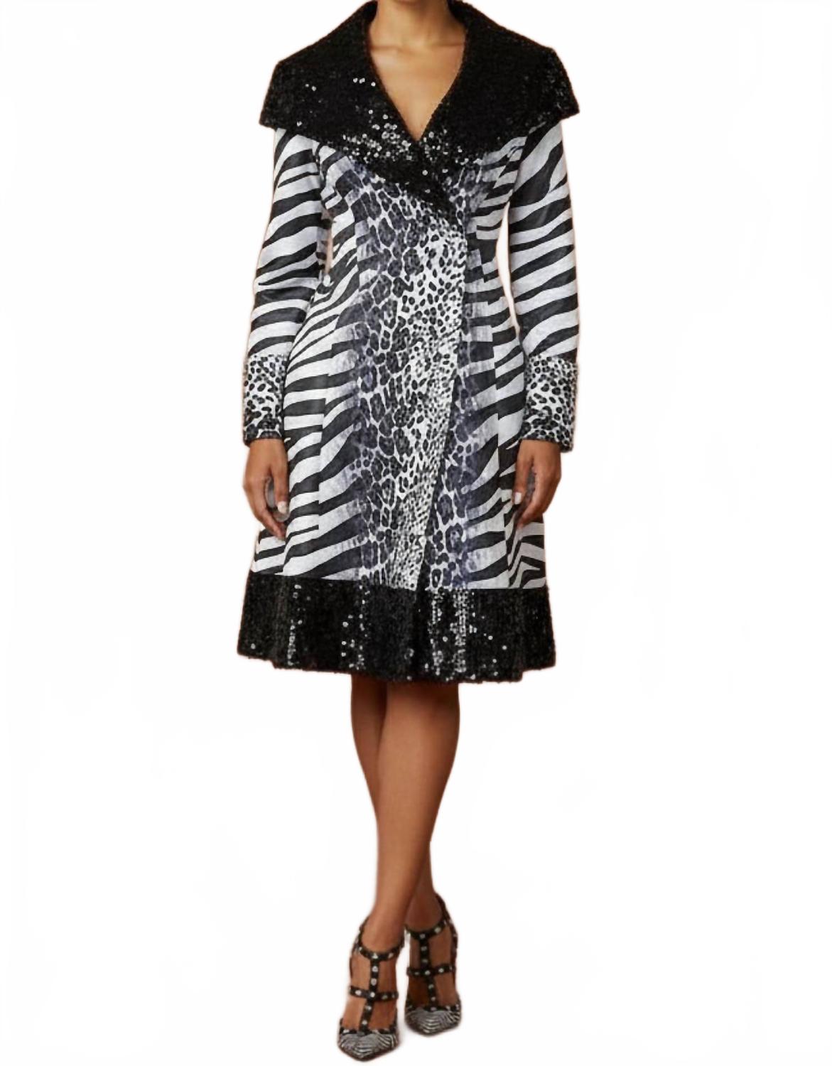 Sequin Animal Print Coat Dress In Black