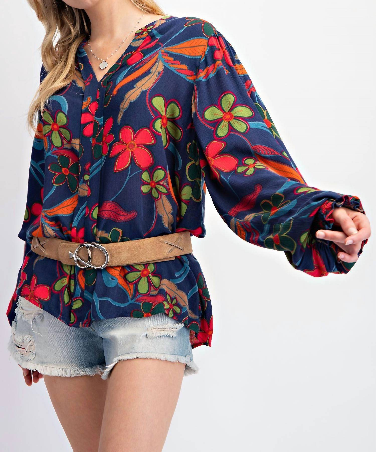 Peach Blossom Floral Gauze Top - Plus In Navy