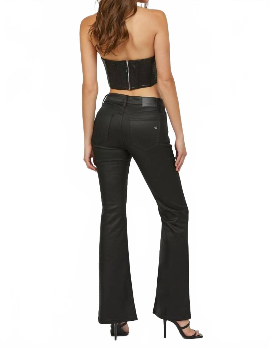 Coated Mid Rise Flare Pants In Black