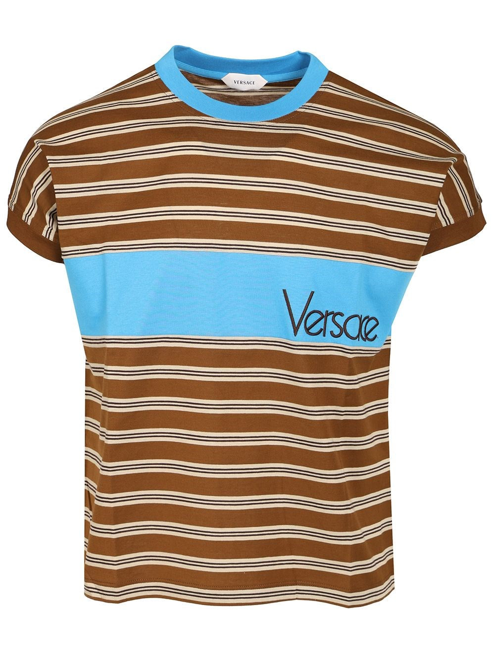 Versace Men Striped Cotton T-Shirt With Inlay