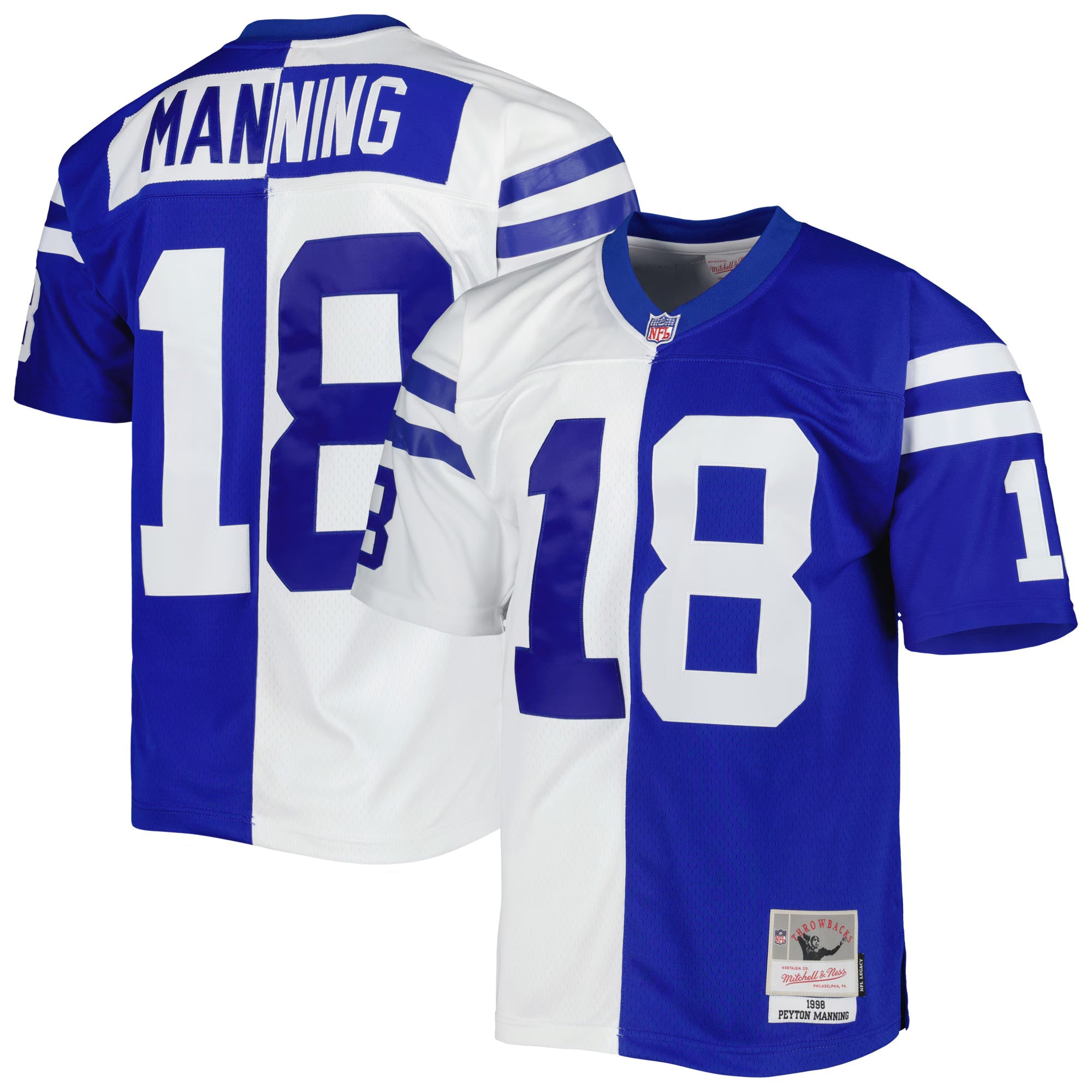 Indianapolis Colts Peyton Manning Mitchell & Ness Royal/White 1998 Split Legacy Replica Jersey