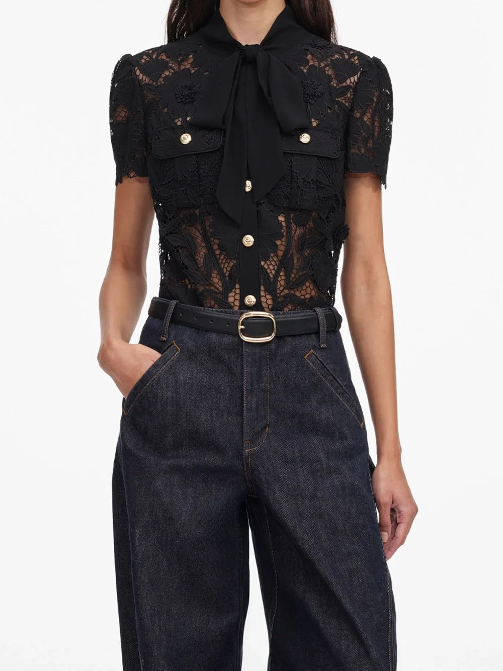 Self-Portrait Women Lace Tie Neck Top