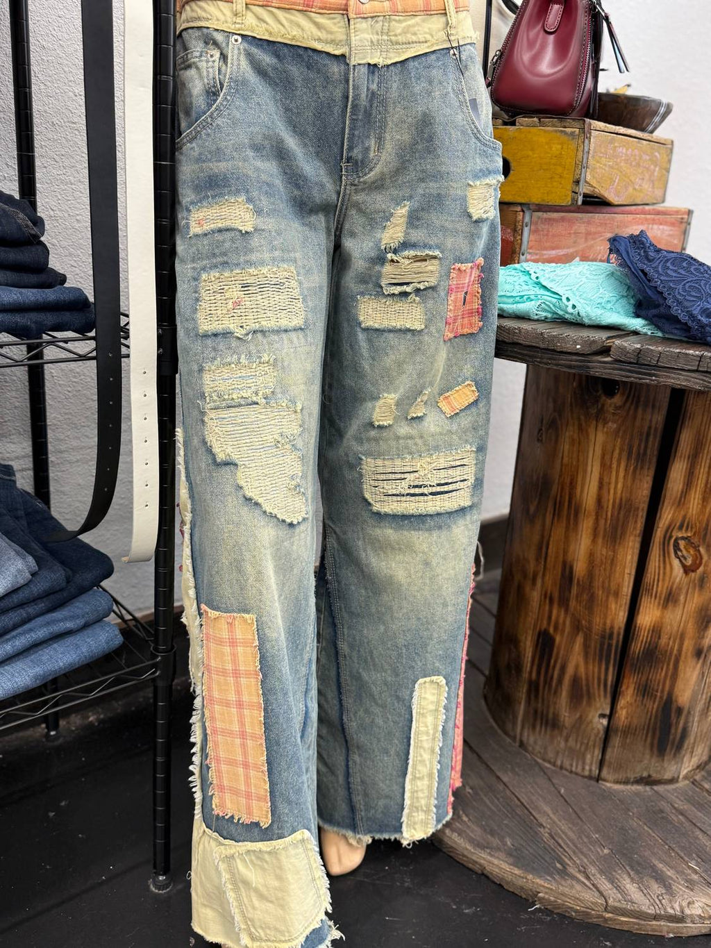 Patch Work Wide Leg Jeans In Multi