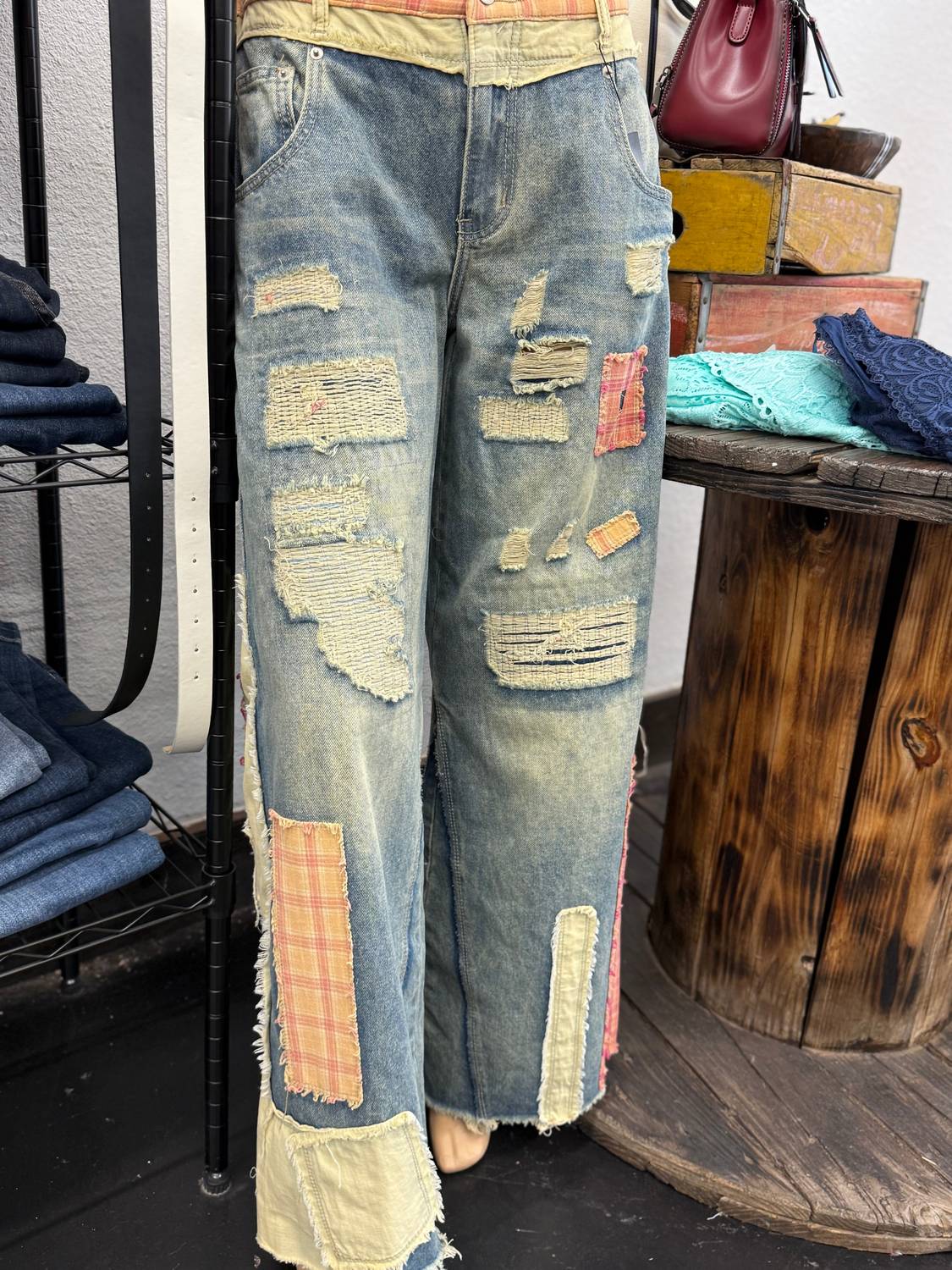 Patch Work Wide Leg Jeans In Multi