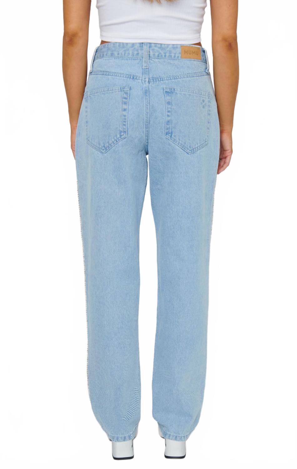 Icon Straight Leg Jeans In Indigo Rhinestone Trim
