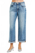 Mid Rise Cuff Boyfriend Jeans In Blue