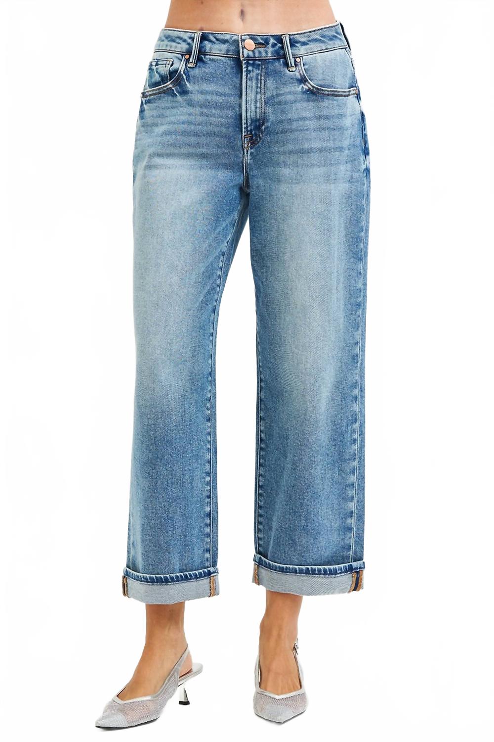 Mid Rise Cuff Boyfriend Jeans In Blue
