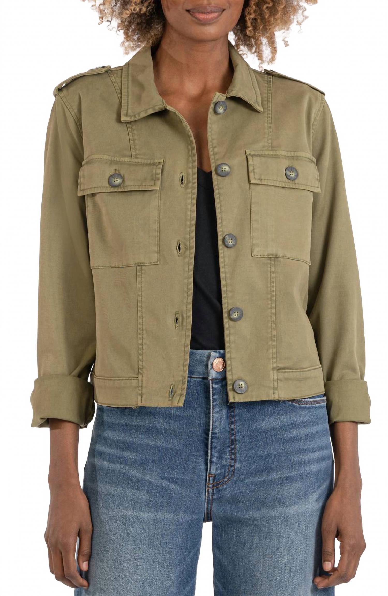 Rosalyn Twill Trucker Jacket With Flap Pockets In Olive