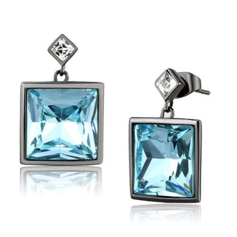 IP Light Black Stainless Steel Earrings with Top Grade Crystal in Sea Blue