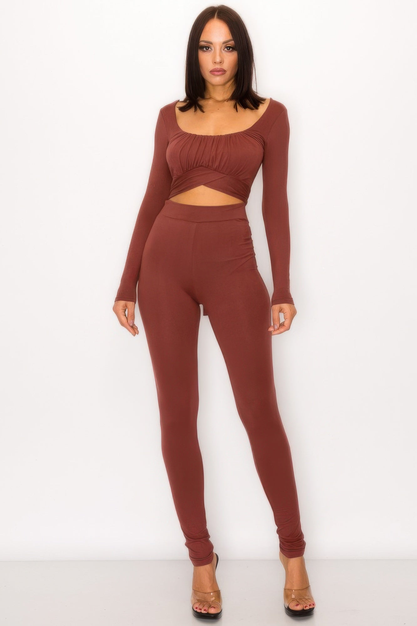 Front Shirring Back Tie Skinny Jumpsuit
