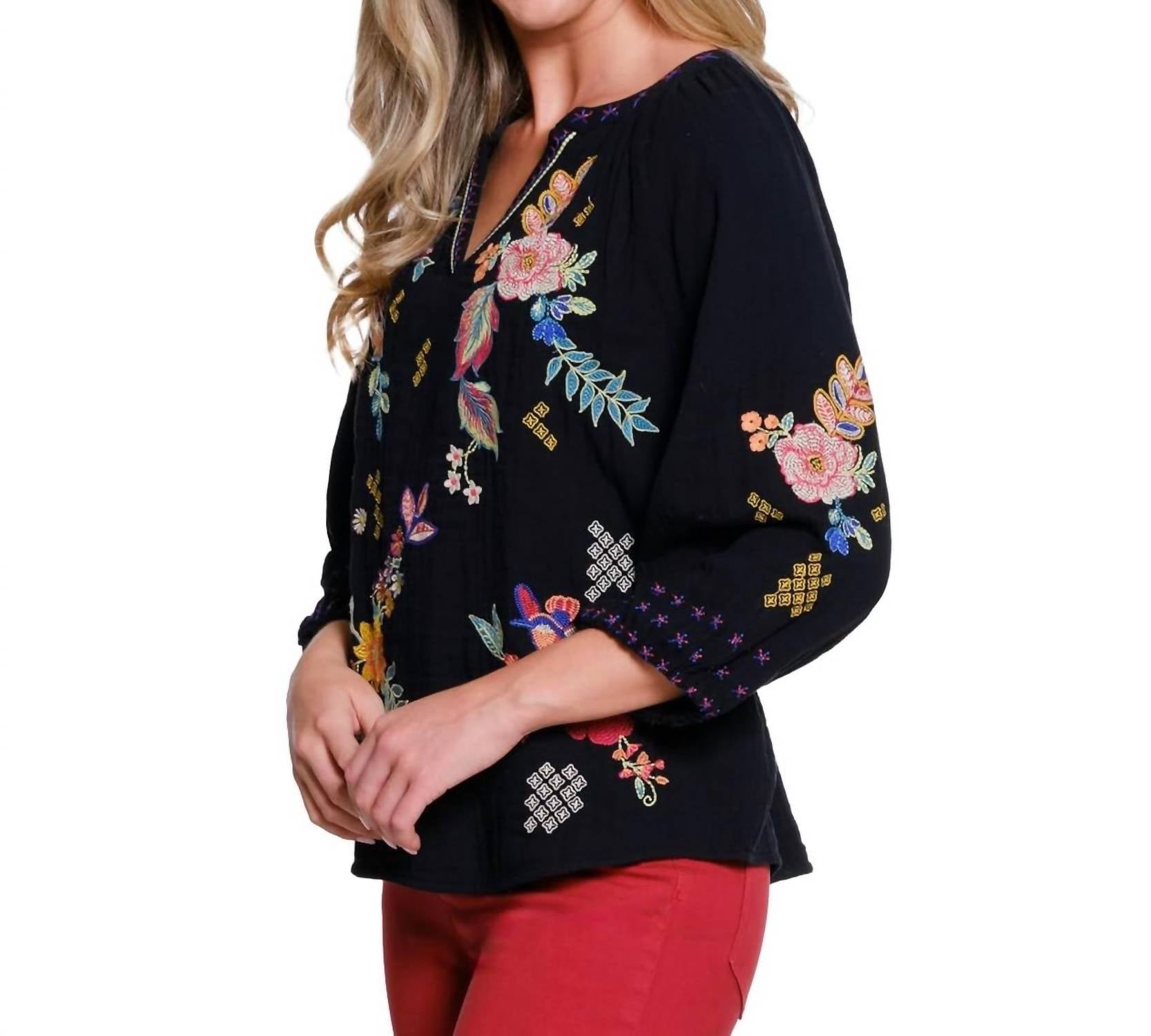 Embroidered Split Neck Top In Black