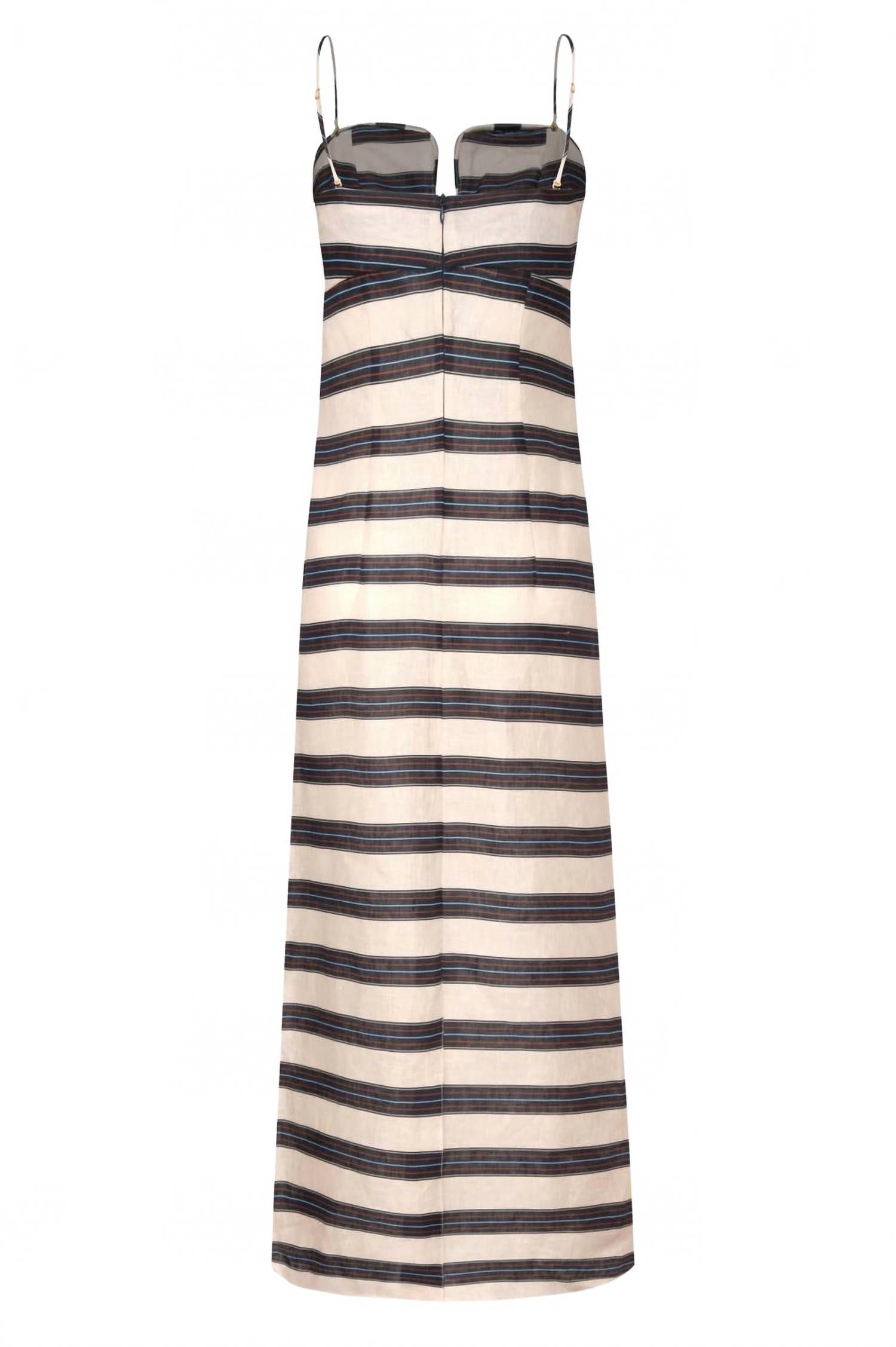 Antonia Linen Midi Dress In Ivory & Navy Stripes