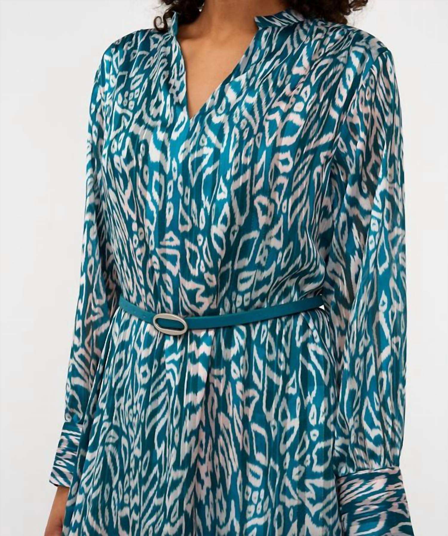 Long Sleeve Printed Dress In Teal