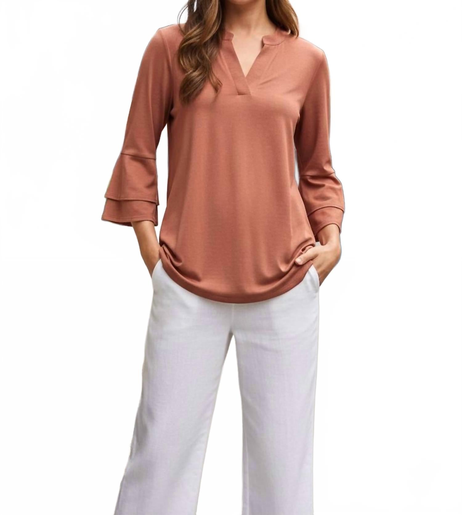 Solid Color Tiered Bell Sleeve Top In Caramel