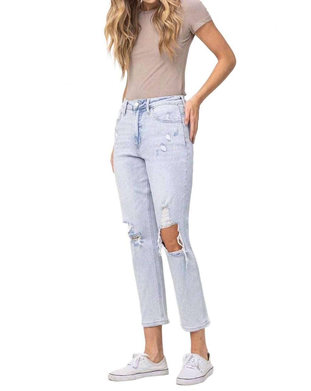 Ripped Stretch Mom Jean In Blue