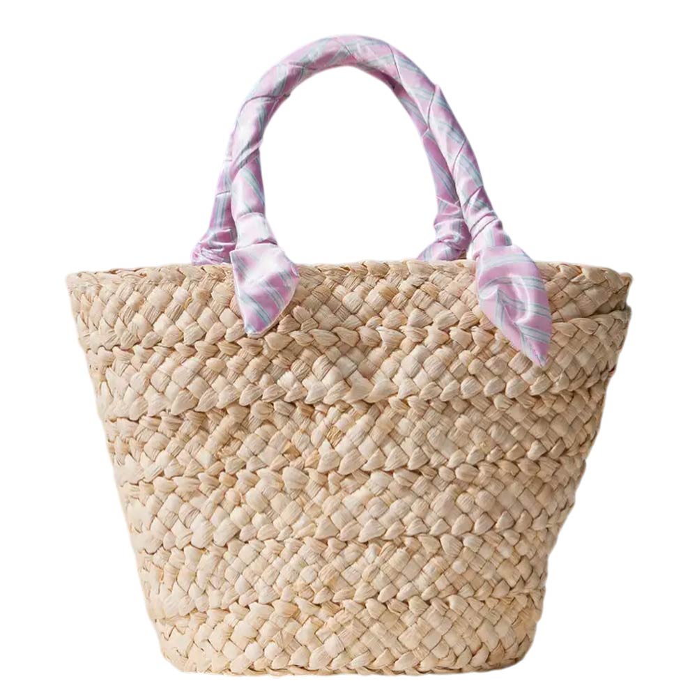 Stripe Print Fabric Scarf Wrapped Handle Raffia Tote Bag