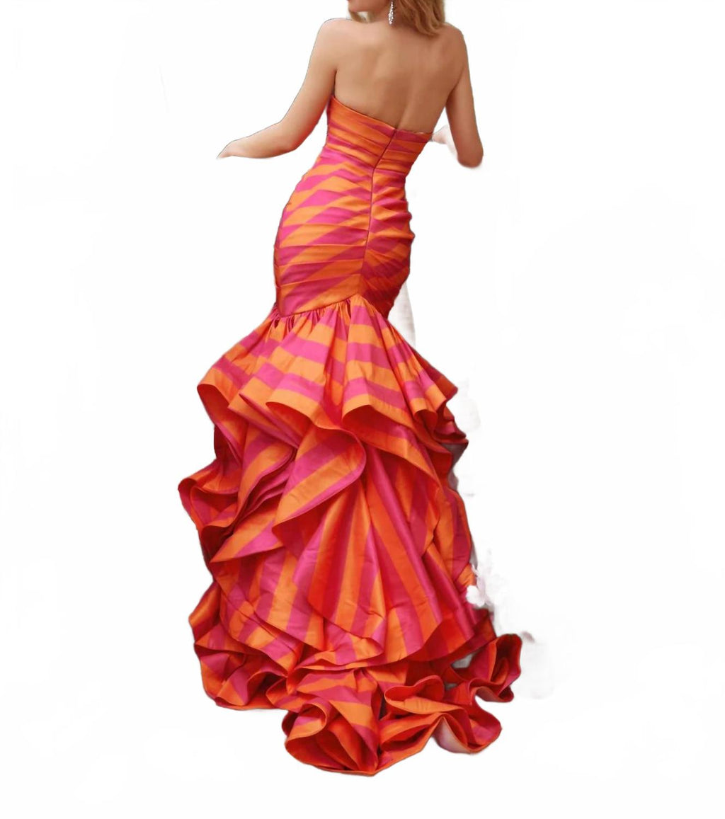 Striped Ruffle Mermaid Prom Dress In Orange Pink