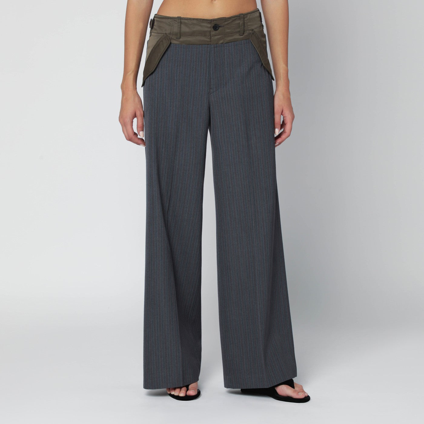 Sacai Grey/Khaki Pinstripe Bi-Material Trousers Women