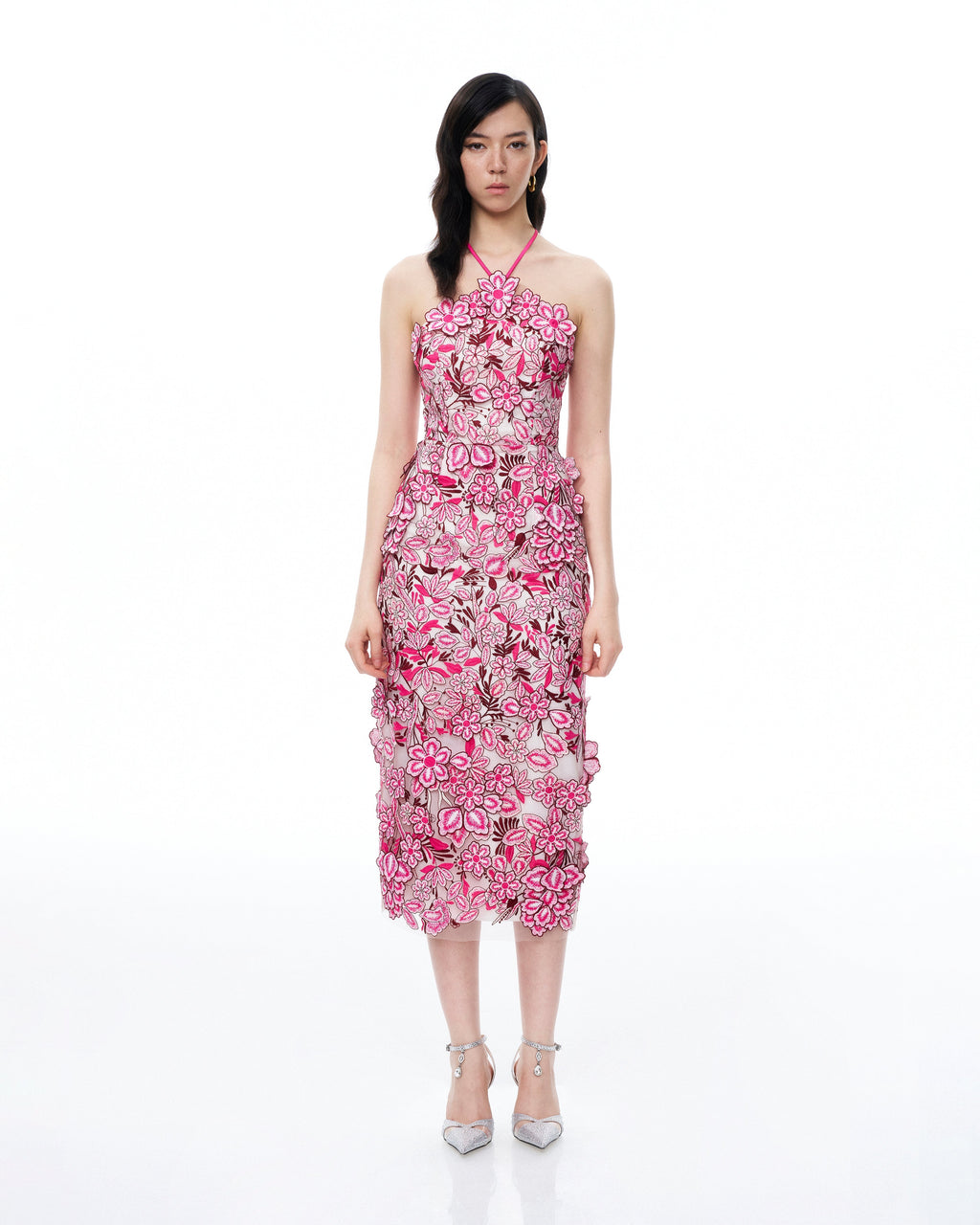 Fiora Halter Neck Floral Embroidered Maxi Dress - Rose Red