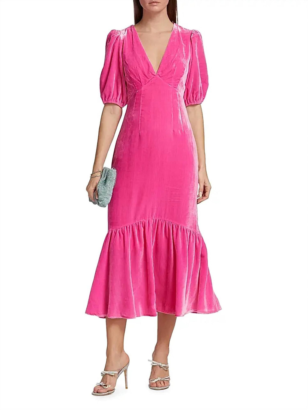 Ester Puff-Sleeve Velvet Midi-Dress In Pink