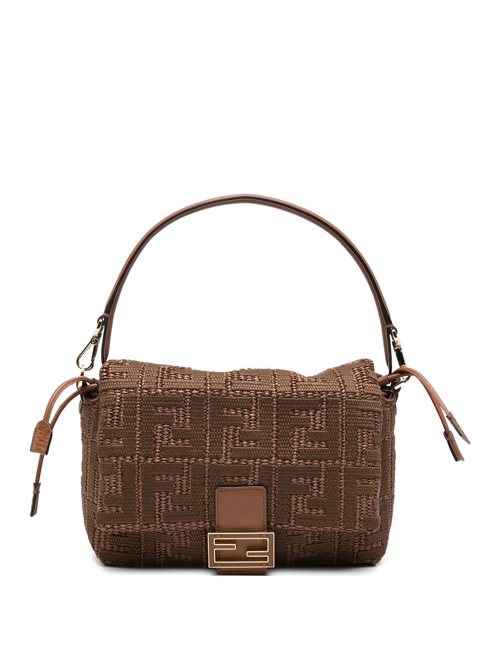 Fendi Women Mamma Baguette Medium Sellier Brown Raffia-Effect Woven Bag With Ff Embroidery