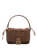 Fendi Women Mamma Baguette Medium Sellier Brown Raffia-Effect Woven Bag With Ff Embroidery