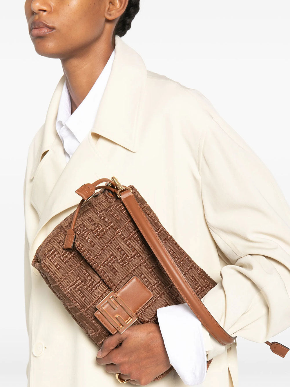 Fendi Women Mamma Baguette Medium Sellier Brown Raffia-Effect Woven Bag With Ff Embroidery
