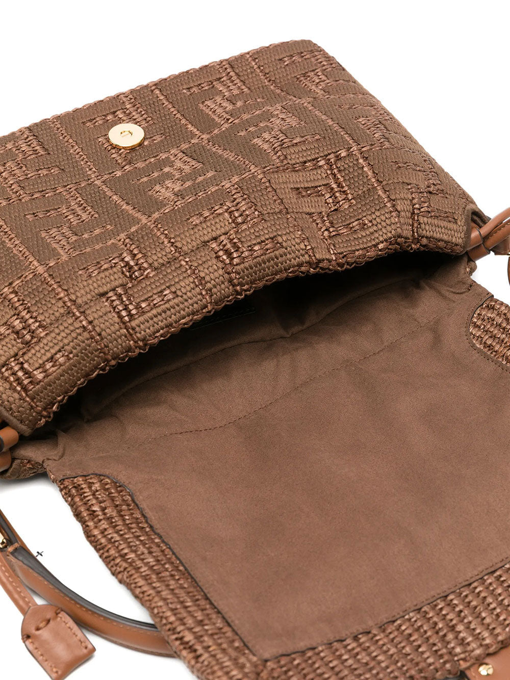Fendi Women Mamma Baguette Medium Sellier Brown Raffia-Effect Woven Bag With Ff Embroidery