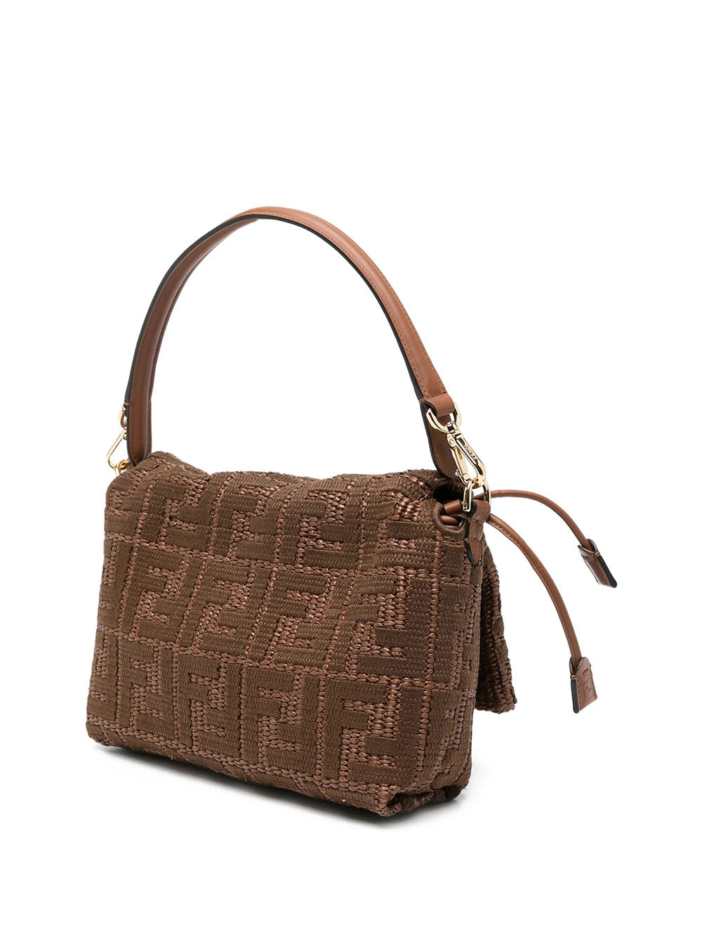 Fendi Women Mamma Baguette Medium Sellier Brown Raffia-Effect Woven Bag With Ff Embroidery