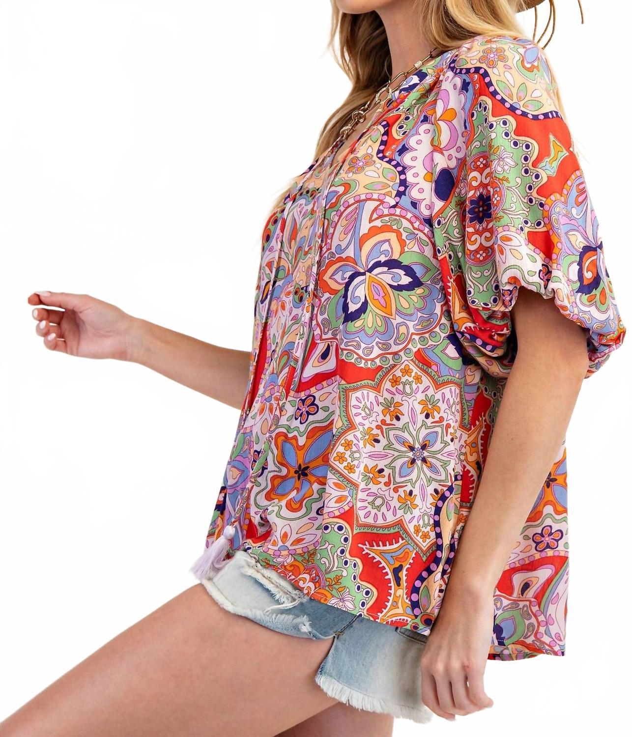Bohemian Paisley Print Tassel Front Top In Blush Red