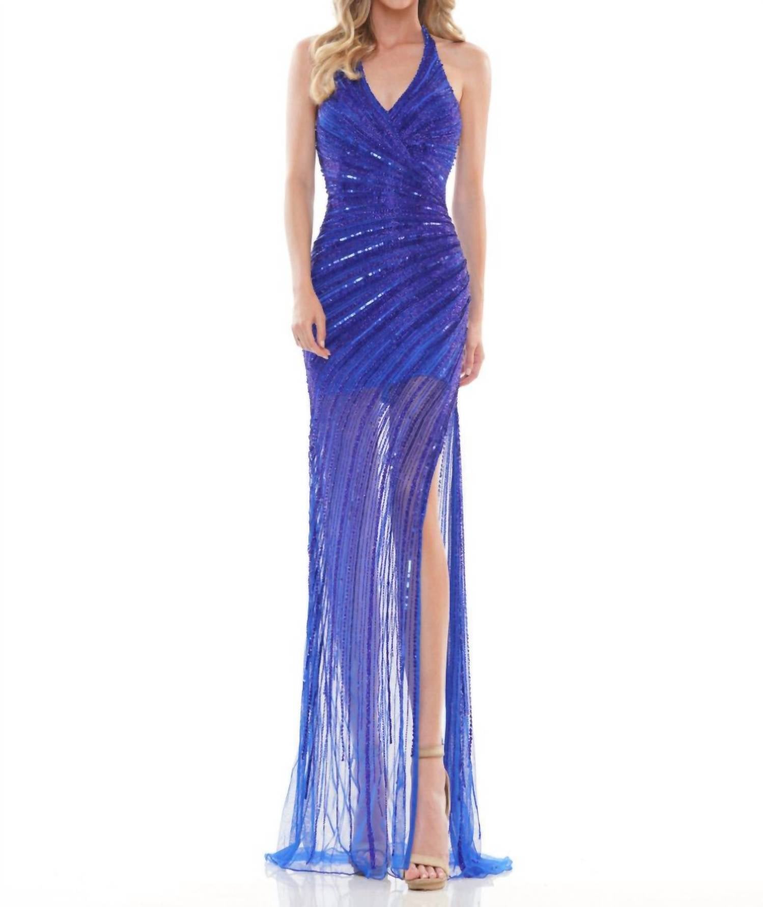 Halter V-Neck High Slit Gown In Royal
