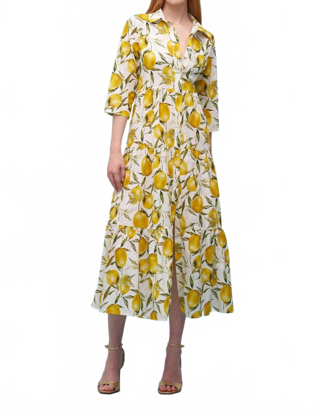 Lemon Print Woven Maxi Dress In White/yellow