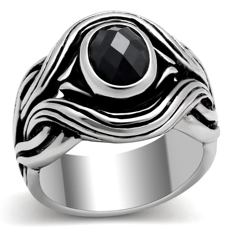 High polished (no plating) Stainless Steel Ring with AAA Grade CZ in Jet