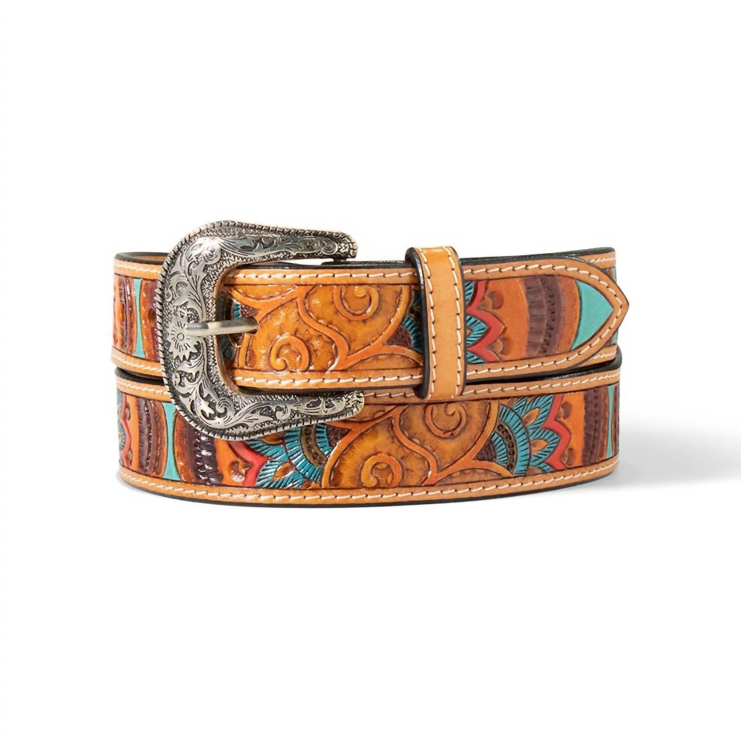 Women's Paisley Tooled Leather Belt In Tan/multi