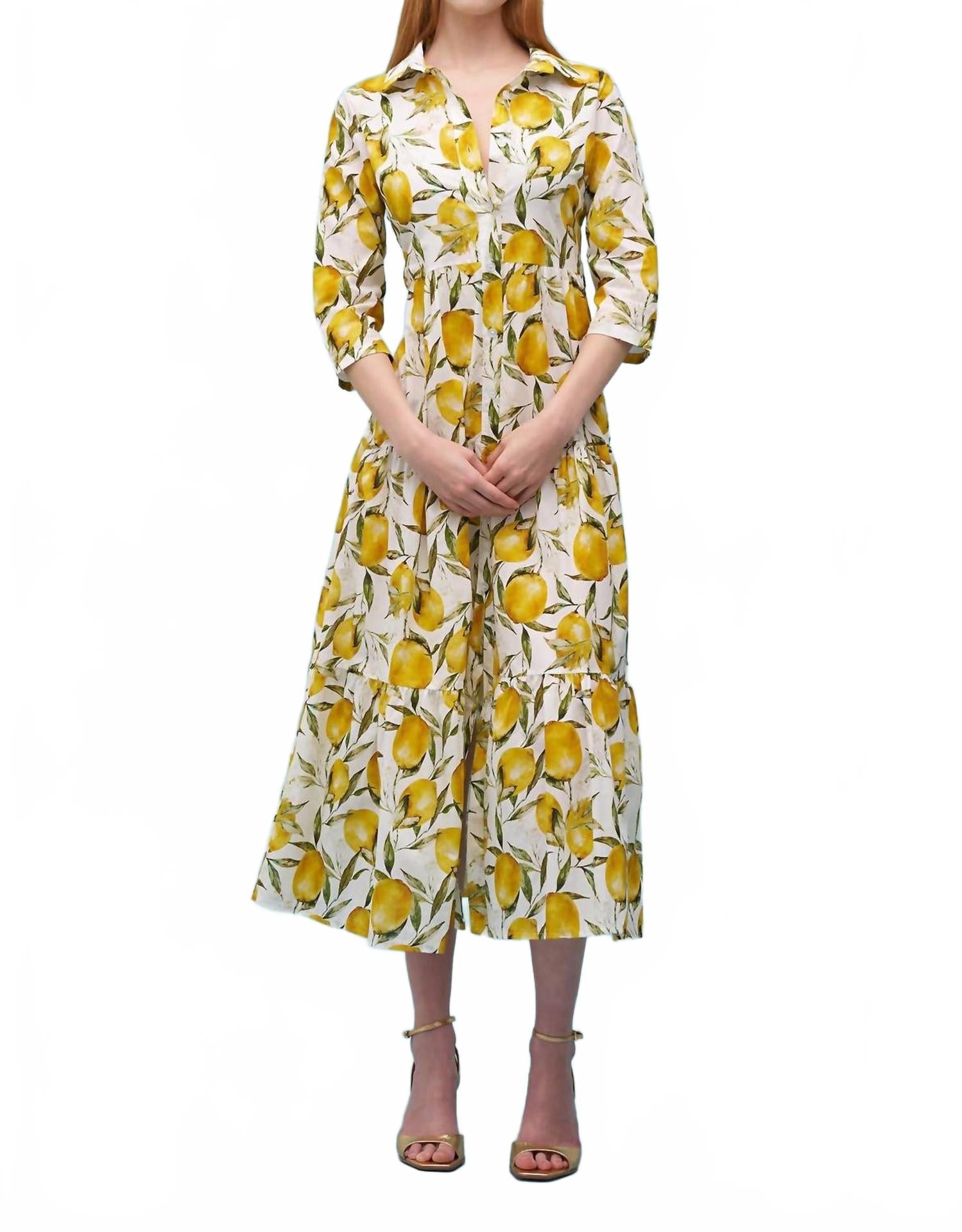 Lemon Print Woven Maxi Dress In White/yellow