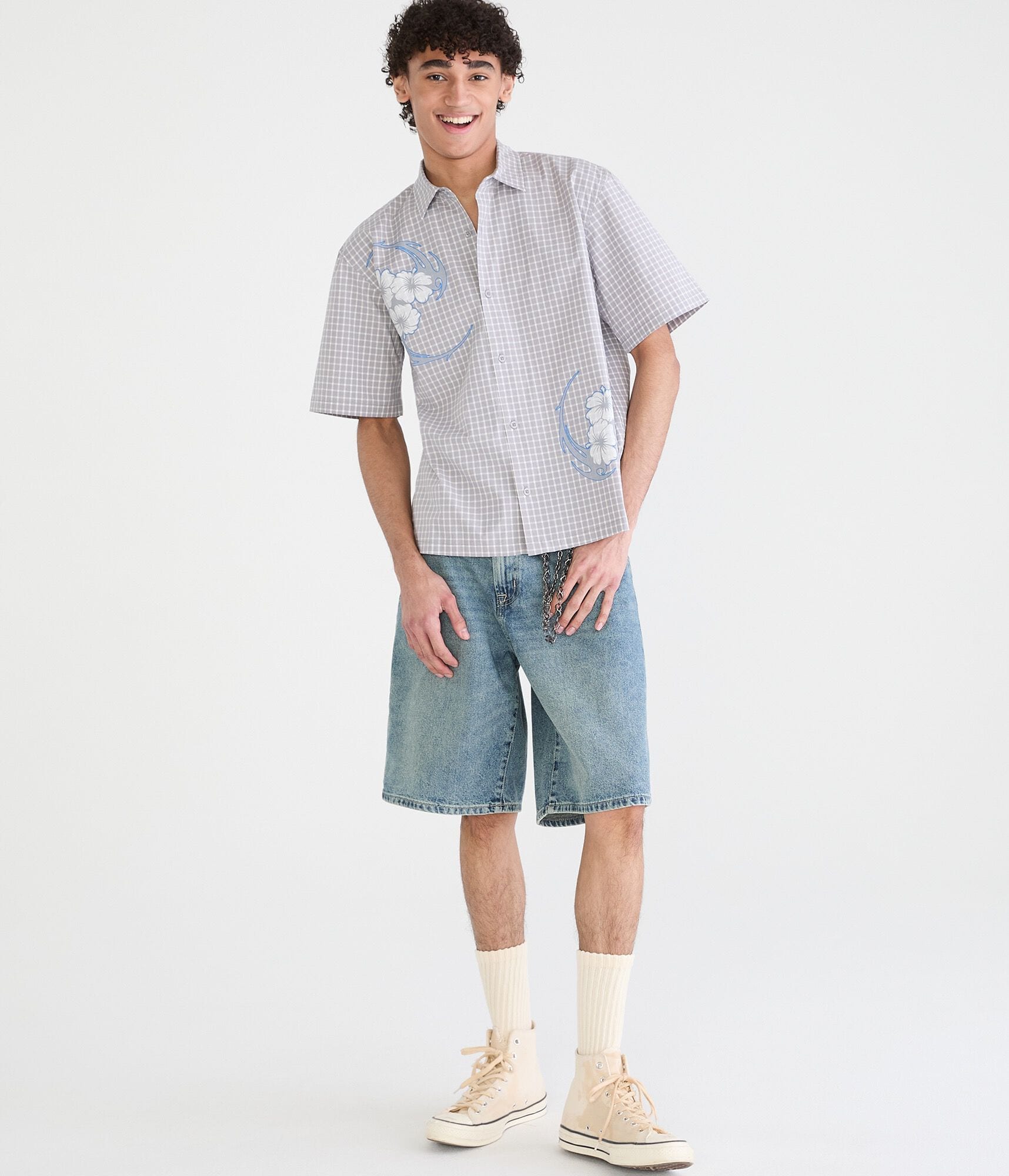 Aeropostale Floral Tattoo Microplaid Boxy Shirt