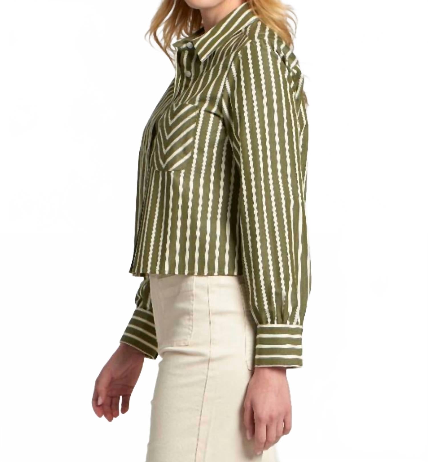 Cropped Striped Blouse In Olive/white