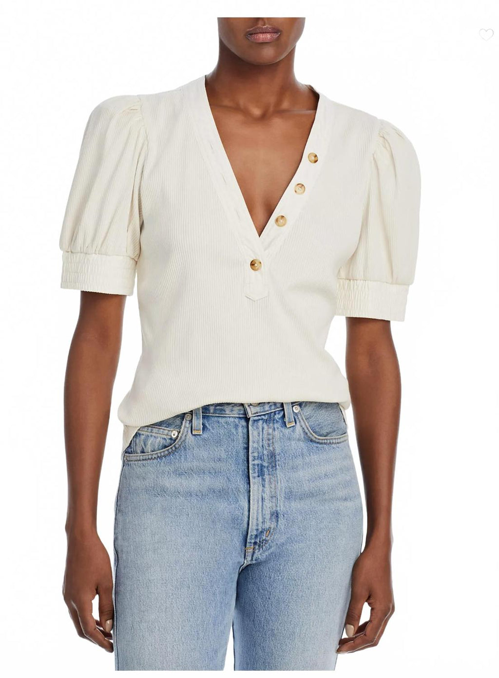Heather V-Neck Puff Sleeve Top In Off White